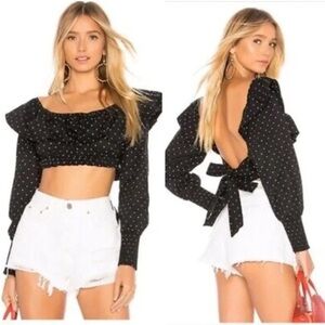 MISA Los Angeles Kayly Black Polka Dot Open Back Ruffle Cotton Crop Top Sz S. 23